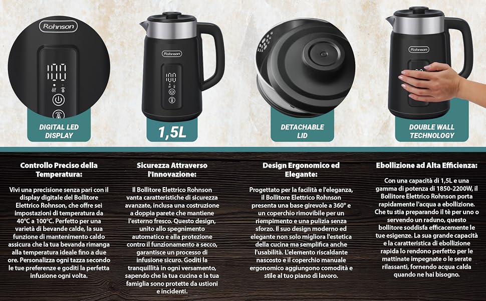 Електричний чайник Rohnson R-7800, 1.5л, LED-дисплей, 6 режимів температури, функція підігріву, нержавіюча сталь, подвійні стінки