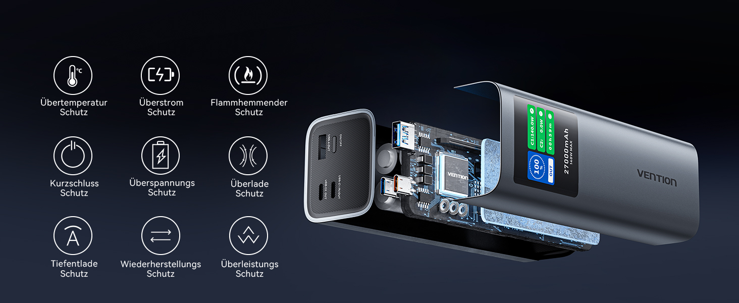 Power Bank VENTION 27000 mAh 140W з PD3.1: зарядка для ноутбуків, iPhone, iPad, Galaxy | FKE-EU