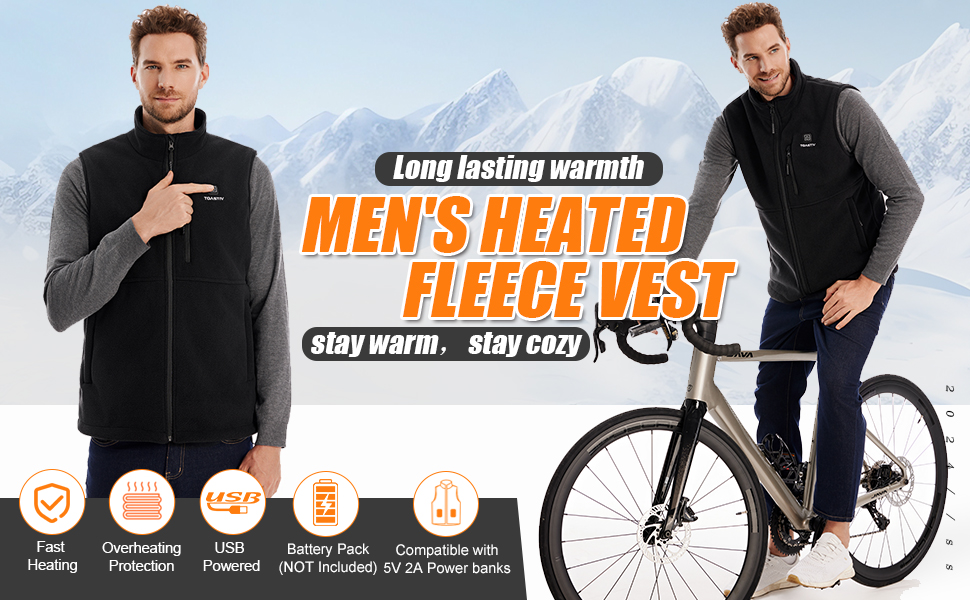 Електрична гріюча жилетка для чоловіків Polar Fleece, 6 зон нагріву, USB, Outdoor, XL, Чорний