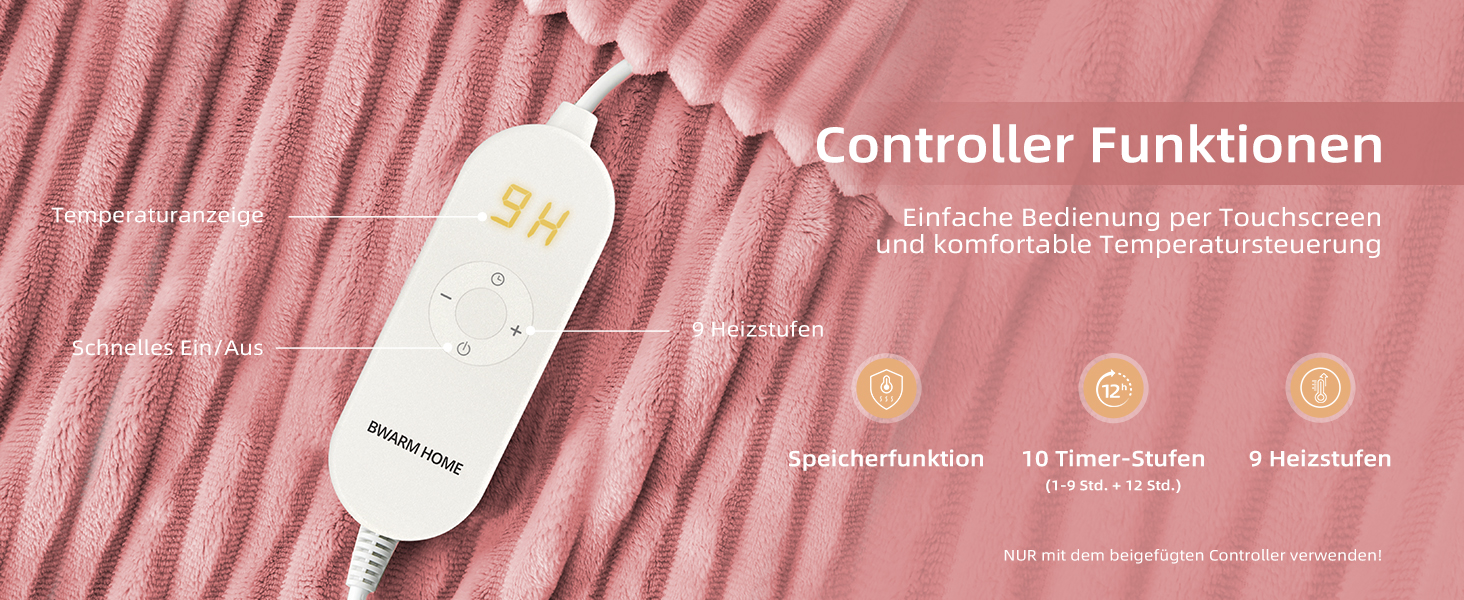 Електрична ковдра з підігрівом 130x180 см з таймером та захистом від перегріву, 9 рівнів нагріву, функція пам'яті, для ліжка, офісу (Рожеста смугаста)