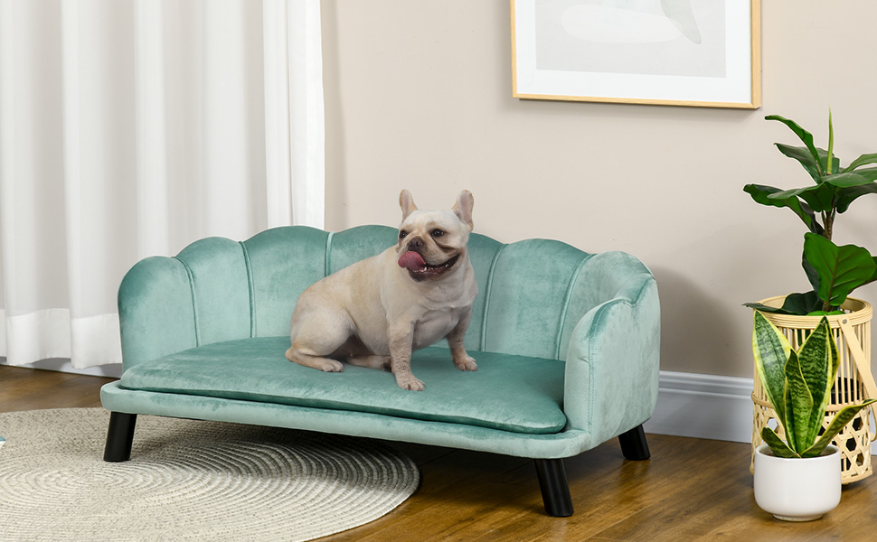 PawHut Софа для собак, диван для котів, зелений, з підголівником та дерев'яними ніжками, для собак середнього розміру до 25 кг
