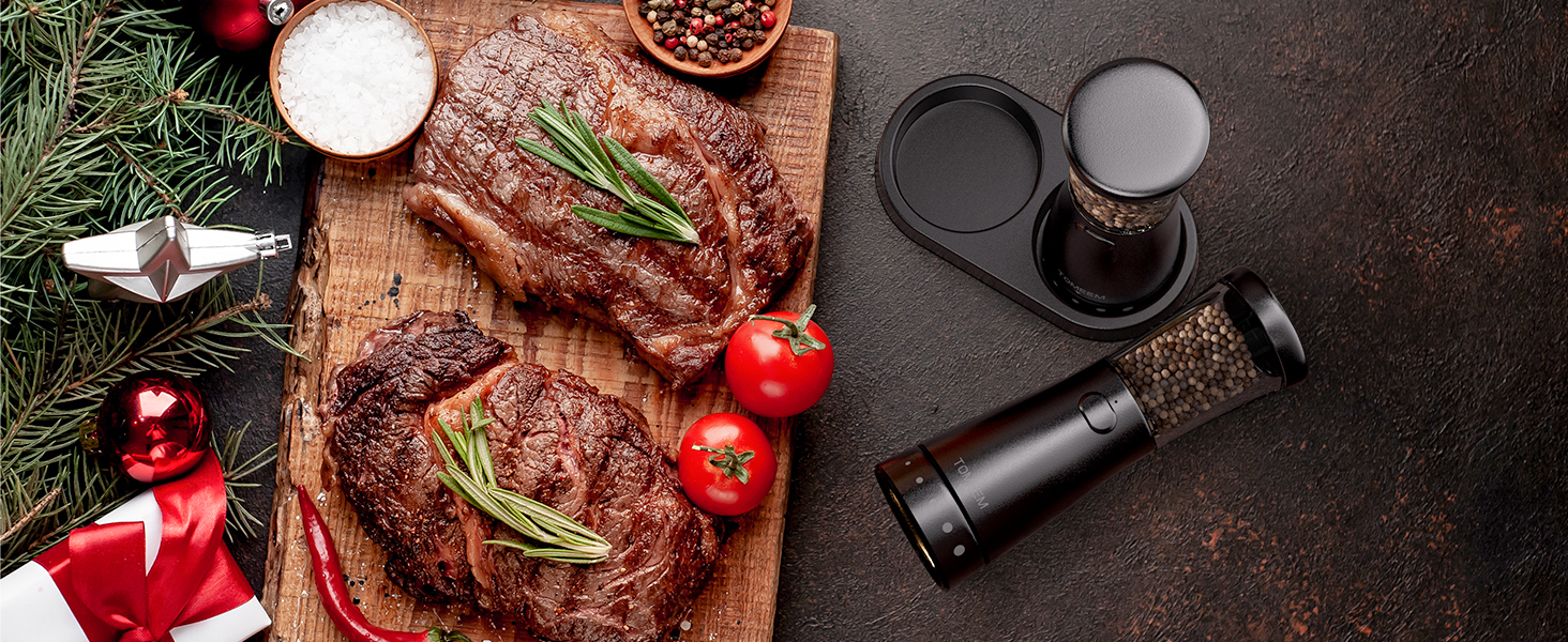 Електричні мельниці для солі та перцю 2 шт. з нержавіючої сталі, акумуляторні, з LED-підсвічуванням, регульоване керамічне подрібнення, щітка для чищення