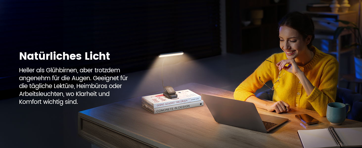 Світлодіодна лампа для читання Glocusent з кріпленням на книгу, 26 LED, 5 температур кольору, регулювання яскравості, USB-C, 360° гнучкість, чорний колір