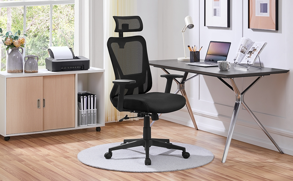 Офісне крісло Yaheetech з регульованою підголовником та поперековою підтримкою, дихаюча сітчаста спинка, широке сидіння, S-подібна спинка, поворотне на 360°, чорний