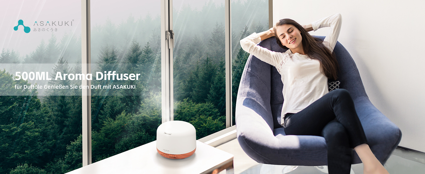 Дифузор ароматерапії ASAKUKI 500 мл, ультразвуковий зволожувач повітря з пультом, автовимкнення та 7 кольорів LED підсвічування