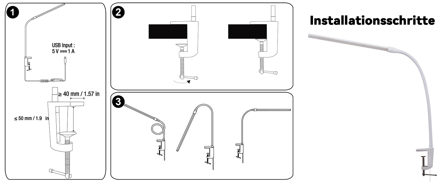 Лампа для столу Homefire LED з кріпленням, регульована яскравість: чорна, 5 рівнів яскравості, 5W, гнучка, для офісу, кабінету, захист очей, денне світло, USB