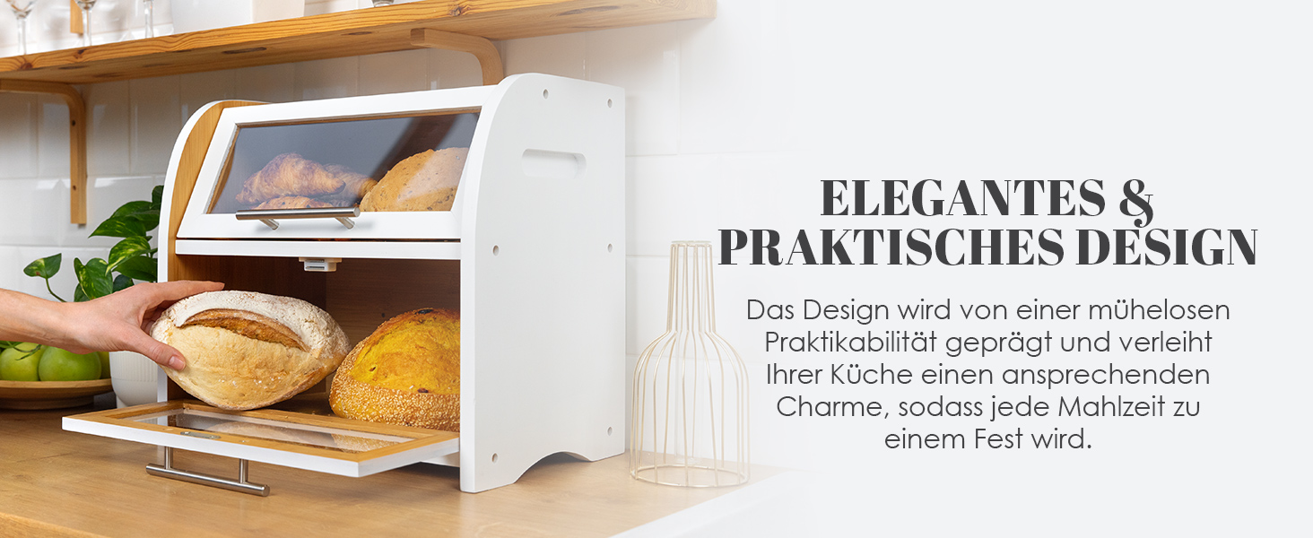 Бредониця Arise з вентиляцією, велика для зберігання хліба, 2 полиці та вікно, дерев'яна для хліба, булок, зберігання. 40 x 26 x 37, бамбук White, самостійна збірка