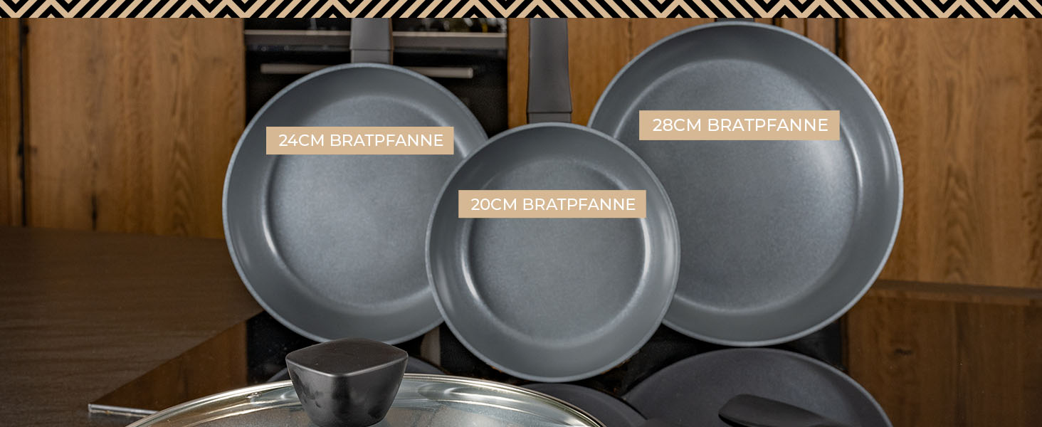 Набір сковорідок Be Living Delight 4 шт. (20/24/28 см + вок 28 см з кришкою), антипригарне покриття з кераміки, для індукційних плит, без PTFE та PFOA, чорний