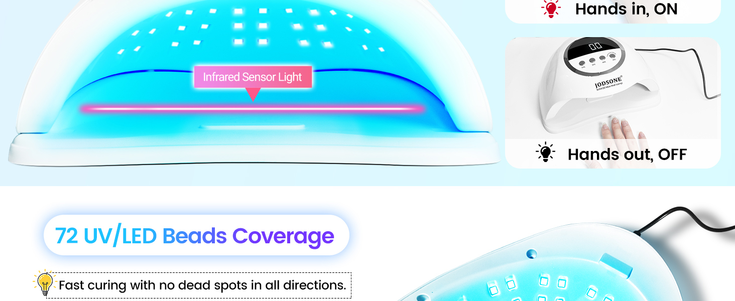 JODSONE 320W UV LED лампа для нігтів з авто-сенсором, 72 світлодіоди (червоне світло) та 4 таймерами (10/30/60/99s) – професійний апарат для сушіння гель-лаку, гелю та шелаку для рук і ніг