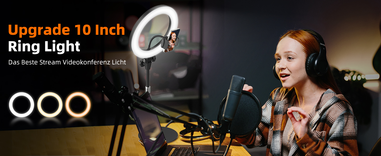 Кільцева лампа Evershop 10.5” з штативом для телефону/ноутбука: відеоконференції, стрімінг, YouTube, TikTok, LED, 3 кольори, 10 рівнів яскравості, 360° обертання