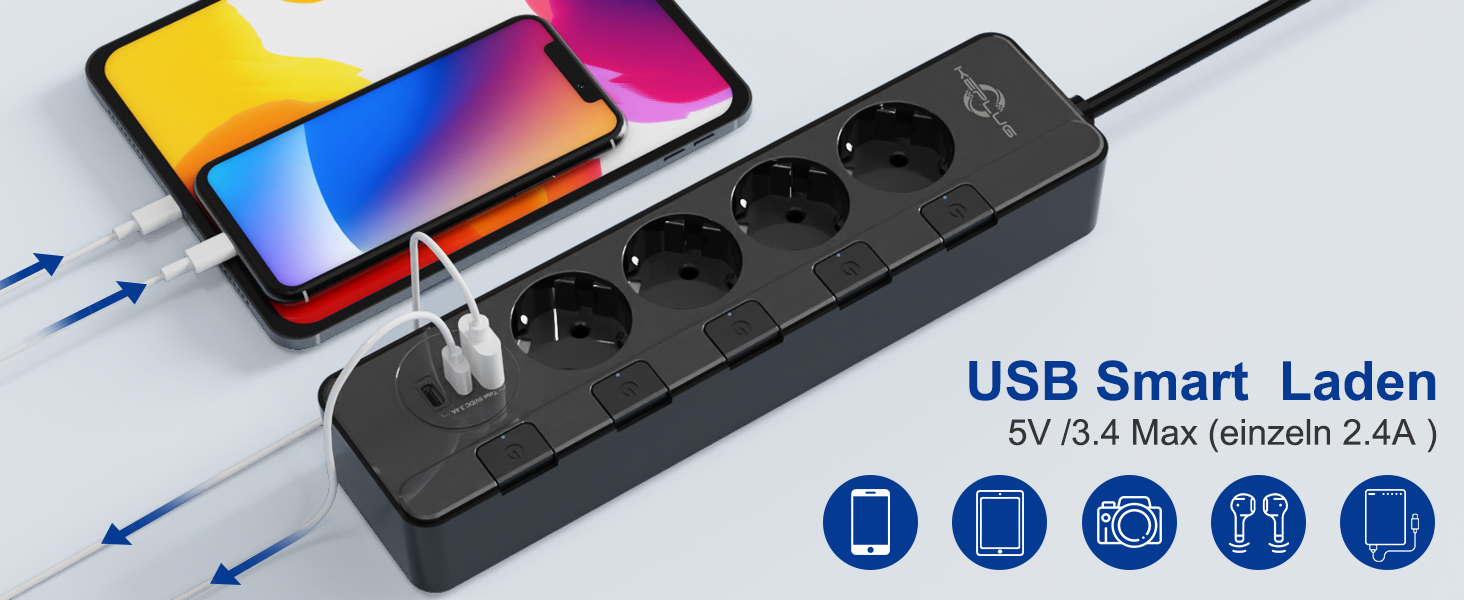 Мережевий фільтр KEPLUG з USB (4000W, 16A) - 6 розеток, 3 USB, індивідуальне вмикання, захист від дітей, 2м кабель, чорний