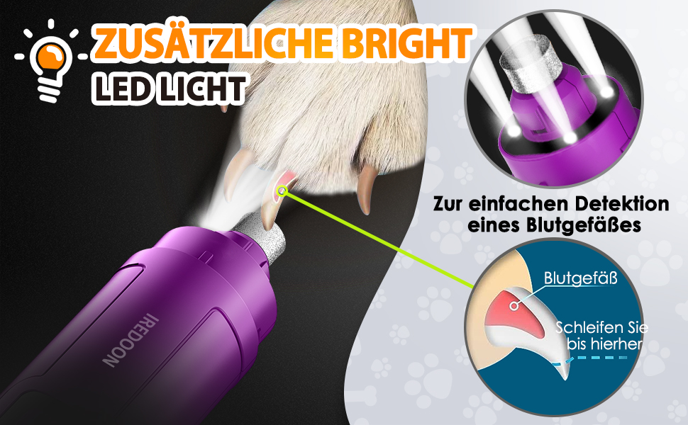 Шліфувальник кігтів для собак Profi Krallenschleifer 3-ступінчатий з LED-підсвіткою, тихий, акумуляторний, для собак великих, середніх та малих порід, темно-зелений (фіолетовий)