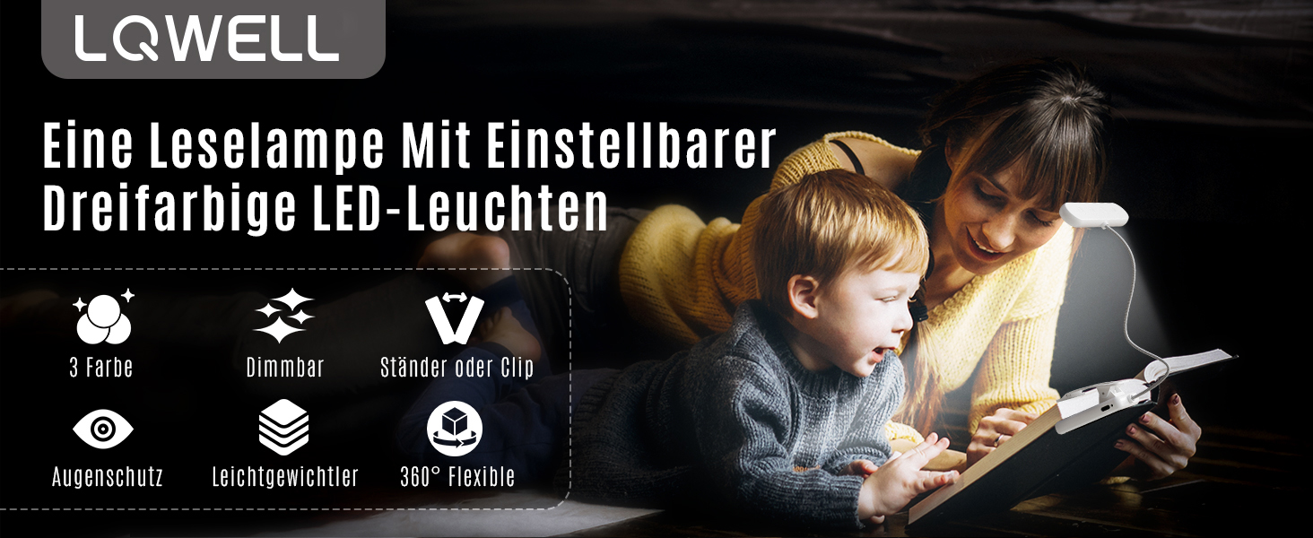 Ліхтар для читання LQWELL на шию, LED, 3 кольори/яскравість, гнучкий, акумуляторний, для читання, в'язання, рукоділля (білий, прямокутний - 3 шт)