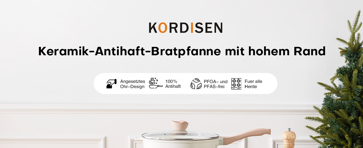 Сковорода Kordisen 28 см з антипригарним покриттям, з кришкою, індукційна, гранітне покриття, для здорового приготування їжі, PFOA-free (крем-кераміка)