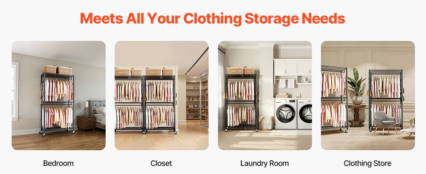 Вешалка для одягу VEVOR з 4 перекладинами, 8 гачками та 385,5 кг вантажопідйомністю, відкрита шафа для одягу, 3 полиці