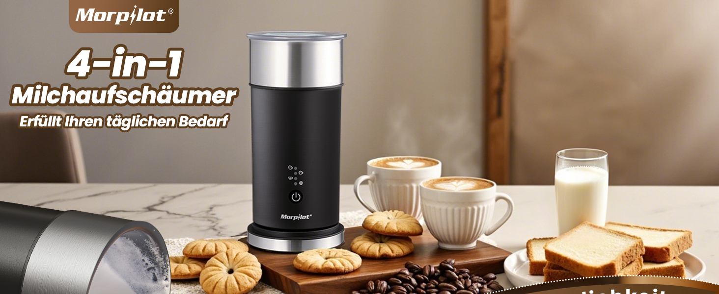 Електричний піноутворювач для молока Morpilot 4-в-1, 240 мл, 400 Вт, з нержавіючої сталі з антипригарним покриттям, для лате макіато та капучино