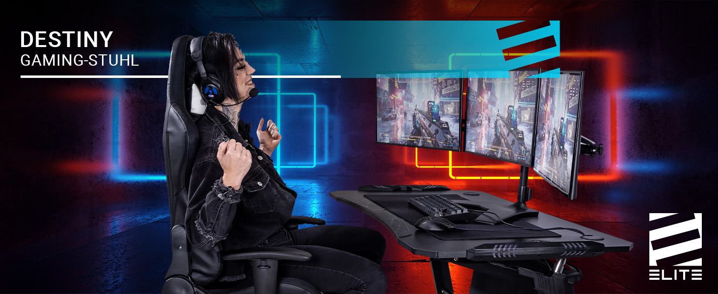 Геймерське крісло ELITE LED Destiny: ергономічне офісне крісло з RGB підсвіткою, штучна шкіра (чорно-біле)