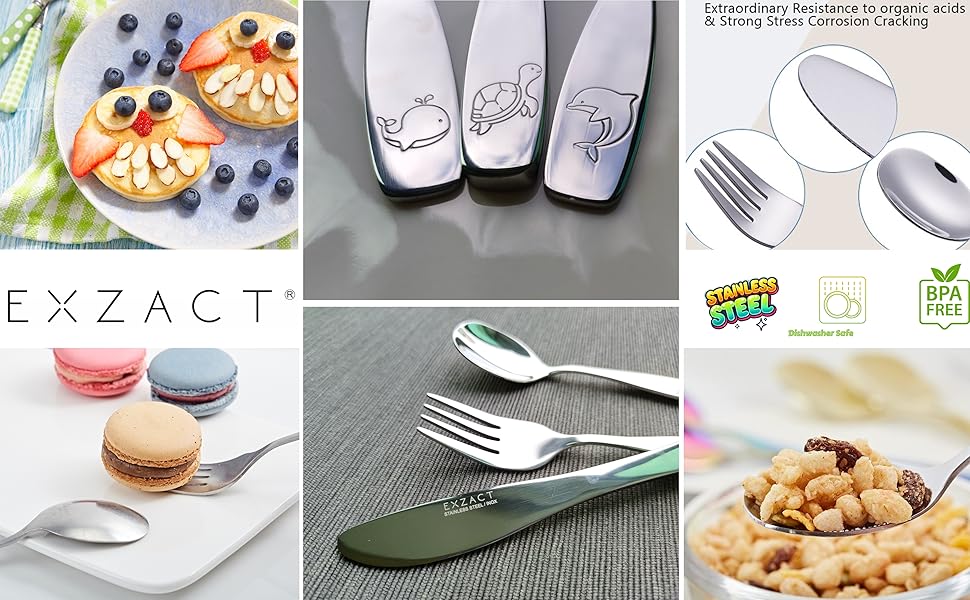 Набір дитячого столового приладдя EXZACT Kinderbesteck Set (18 предметів) з нержавіючої сталі для дітей від 2 років. Можлива гравіювання, безпечні ножі, підходить для миття в посудомийній машині.