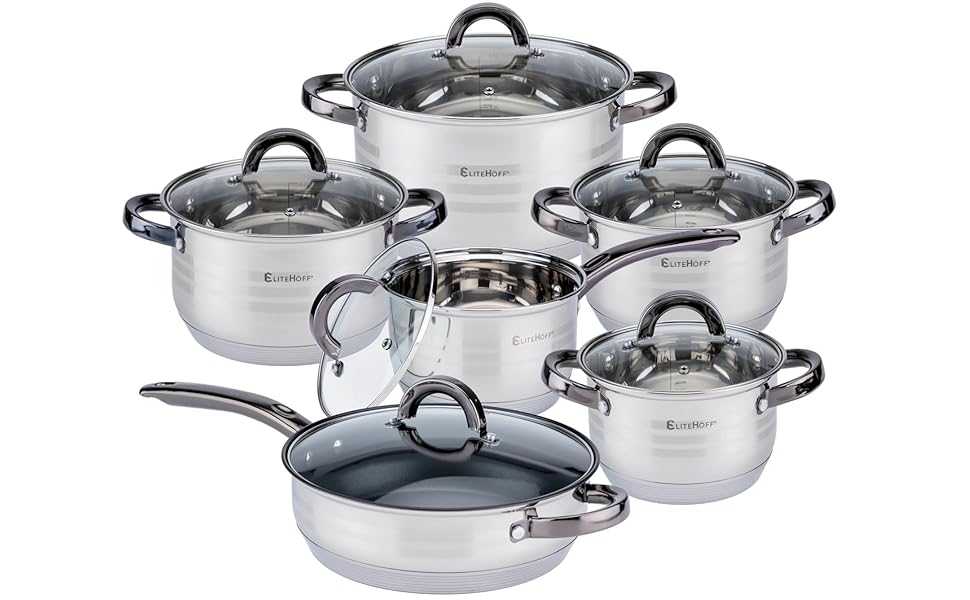Набір посуду EliteHoff Induktion: 12-ти частинний набір каструль та сковорідок з нержавіючої сталі з кришками та чорними ручками, для всіх типів плит