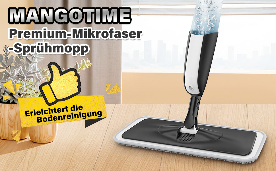 Швабра з розпилювачем MANGOTIME: мокрою шваброю для миття підлоги з баком та 4 накладками. Підходить для більшості типів підлоги. Чорний колір.