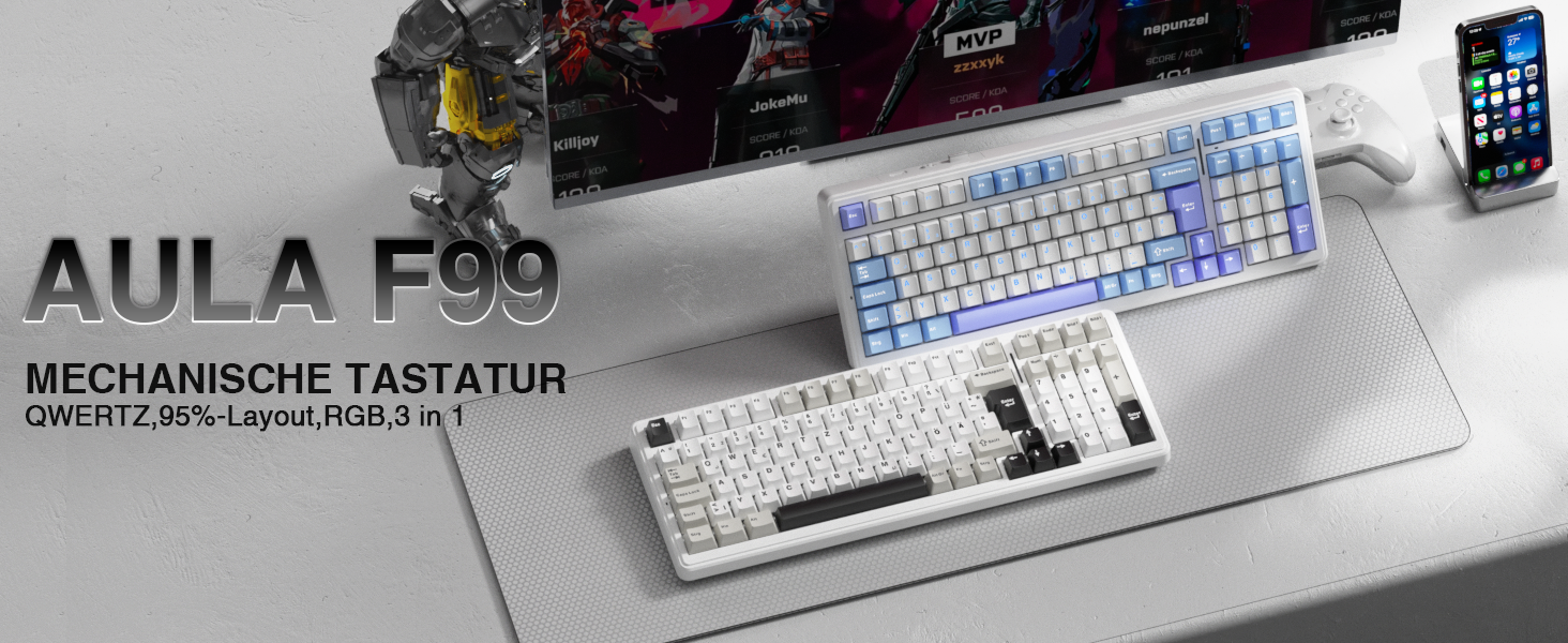 Механічна ігрова клавіатура AULA F99 з підсвічуванням RGB, PBT-клавіші, 8000mAh, 95% розмір, Bluetooth 5.0/2.4G/USB-C, Hot-Swap, Gasket Structure