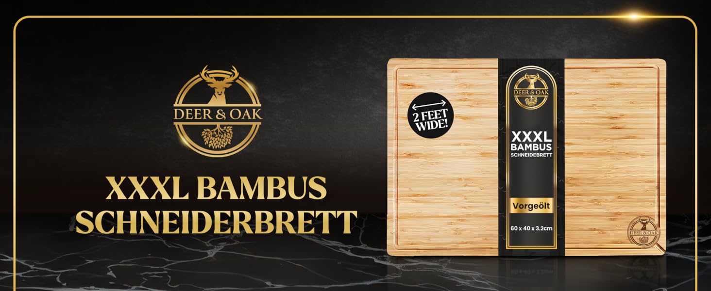 Дерев'яний обрізний стіл Deer & Oak XXXL 60x40x3.2 см - Преміум дерев'яний стіл для кухні, бамбуковий обрізний стіл 60 см, обрізні дошки для сервірування та нарізання - двосторонній, попередньо олійований, з жолобками для соку, бічні ручки