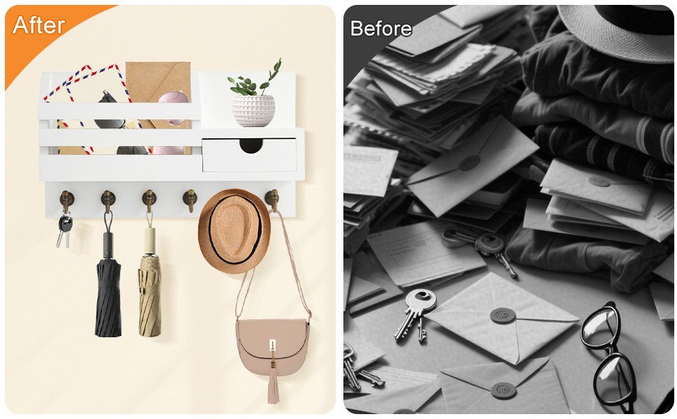 Дерев'яне ключниця з полицею та шухлядою, 6 гачків, для прихожей, офісу, на стіну (білий)