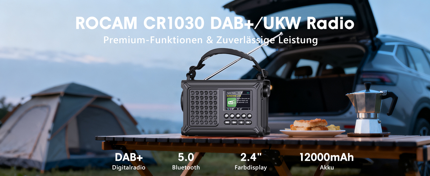 ROCAM Радіоприймач на ручку DAB+/UKW, портативне аварійне радіо з сонячною панеллю 8500 мм² та ручкою 650 мА, цифрове радіо з Bluetooth, 2.4' кольоровий дисплей, 80 станцій, SOS, LED ліхтарик, USB, IPX6 для кемпінгу, чорний