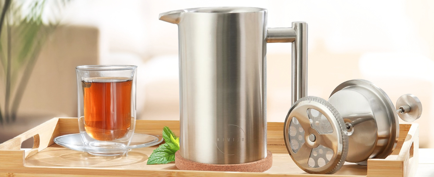 Френч-прес 600 мл з нержавіючої сталі, з підігрівом, 3 фільтри, пробка-підставка, для миття в посудомийній машині, преміум-якість, двостінний, срібний