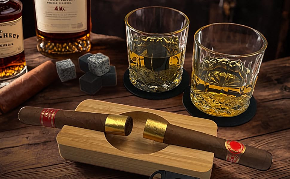 Набір для віскі Daily Treasures: келихи, камені та аксесуари (дерев'яний попільничка, різьблений ніж), подарунковий набір для чоловіків, на День батька