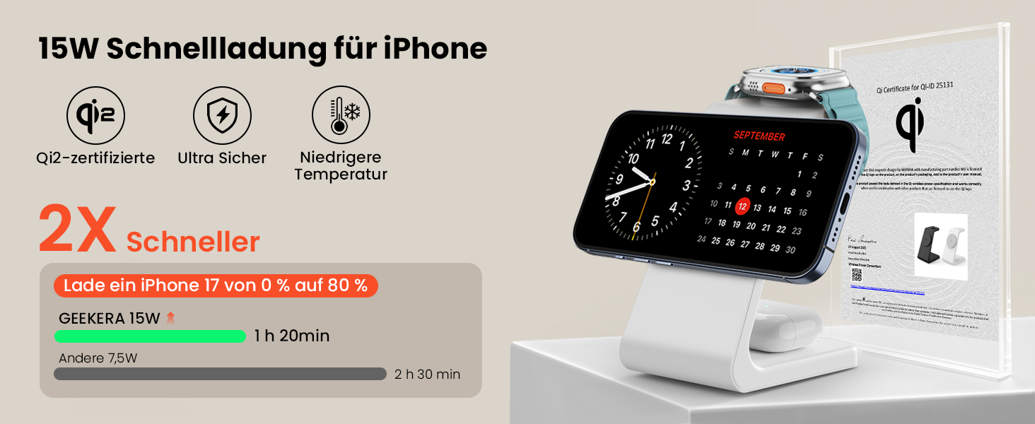 GEEKERA 3-в-1 зарядний пристрій Qi2 з MagSafe, 15W індукційна станція для iPhone 17/16/15/14/13/12, Apple Watch 11-2 та AirPods, білий/сірий