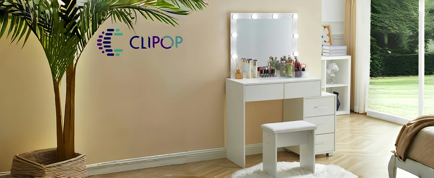 Туалетний столик CLIPOP білий з підсвіткою і дзеркалом, 5 шухляд, пуф, 4 відкриті відділення, 80x40x130 см