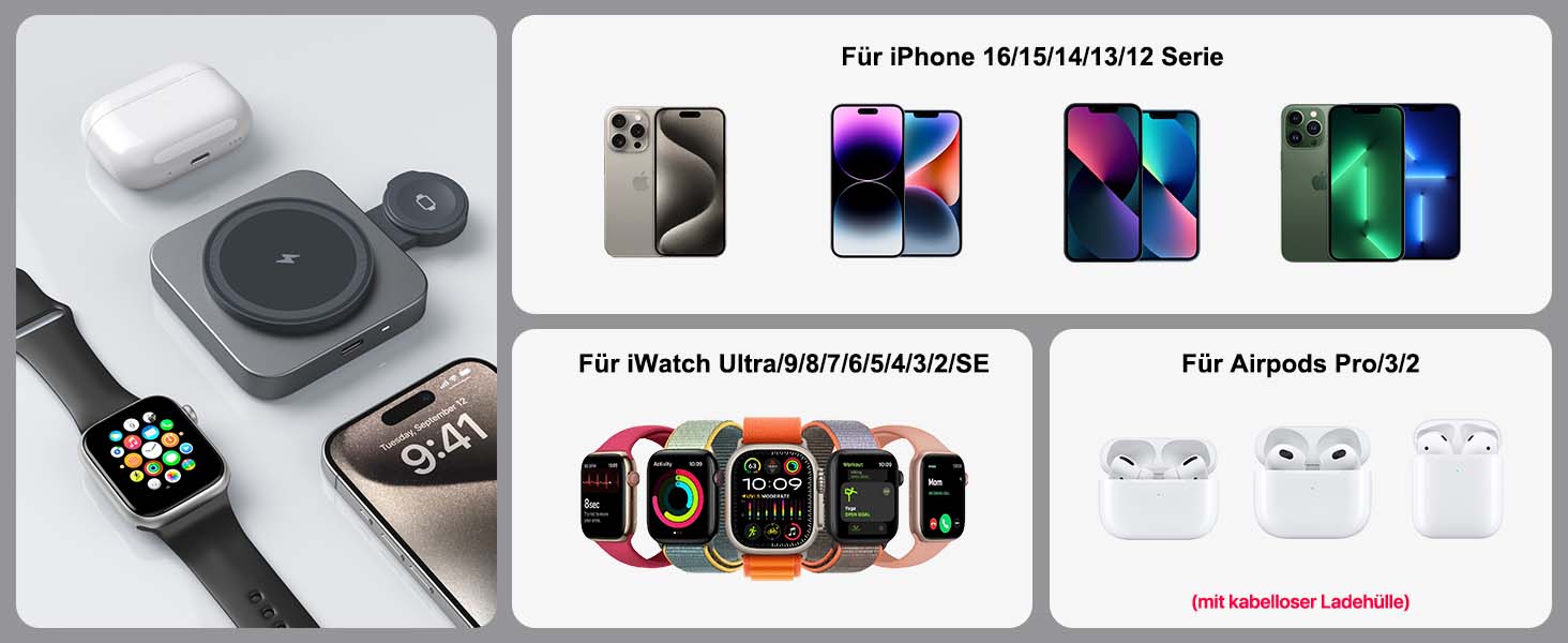 Бездротова зарядка MagSafe для Apple Watch та iPhone (сірий колір), сумісна з iPhone 16 15 14 13 12, iWatch Series, AirPods Pro 3 2