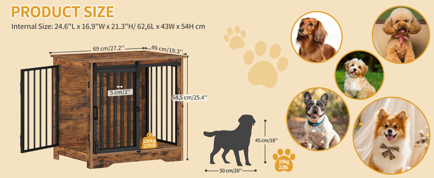 Сучасний вольєр для собак Hzuaneri DFC84301B, 69x49x64.5 см, вінтажний коричневий, з 2 дверцятами, для собак маленьких, середніх та великих порід