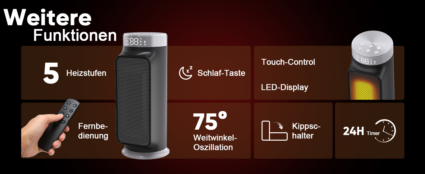 Розумний обігрівач з функцією охолодження, 1800W, WiFi, керування через додаток/Alexa/Google Assistant, для дому, офісу, спальні, чорний