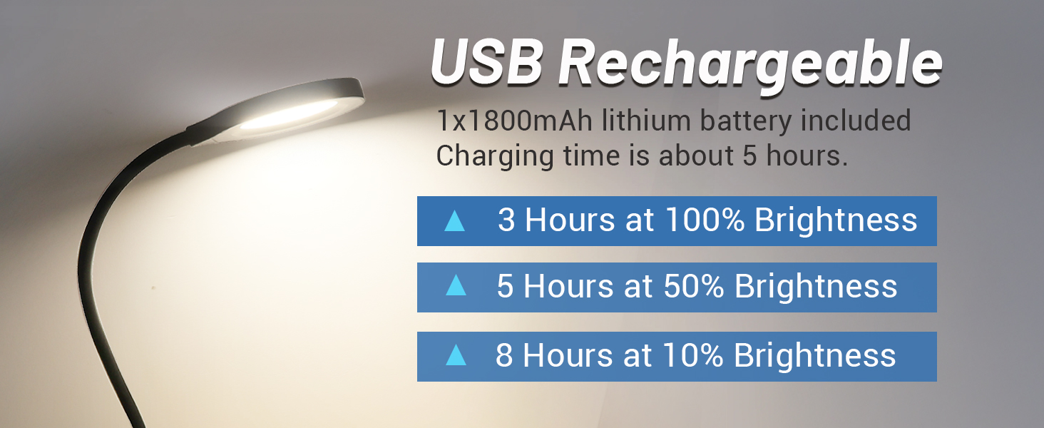 LED лампа для читання Akynite з акумулятором, 5 кольорів та 5 рівнів яскравості, кріпиться на ліжко, дитячий столик, чорна