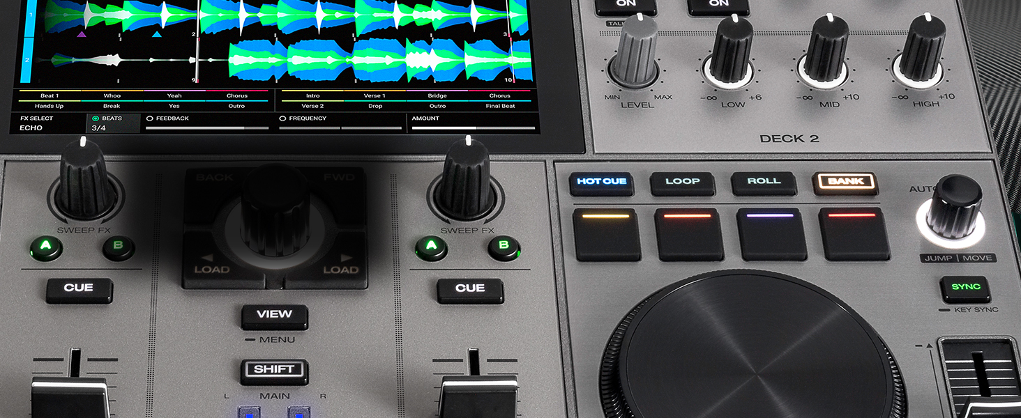Denon DJ PRIME GO+ - Портативний DJ контролер та мікшер з розділенням STEM, 2 деки, Wi-Fi, Bluetooth, керування світлом, 7