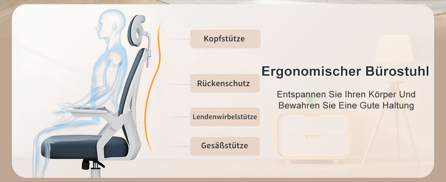 Офісний стіл Naspiro, ергономічне крісло з сітчастою спинкою, підтримка попереку, м'яке сидіння, регульована висота, для дому та офісу, сірий (темно-сірий, з підголовником)