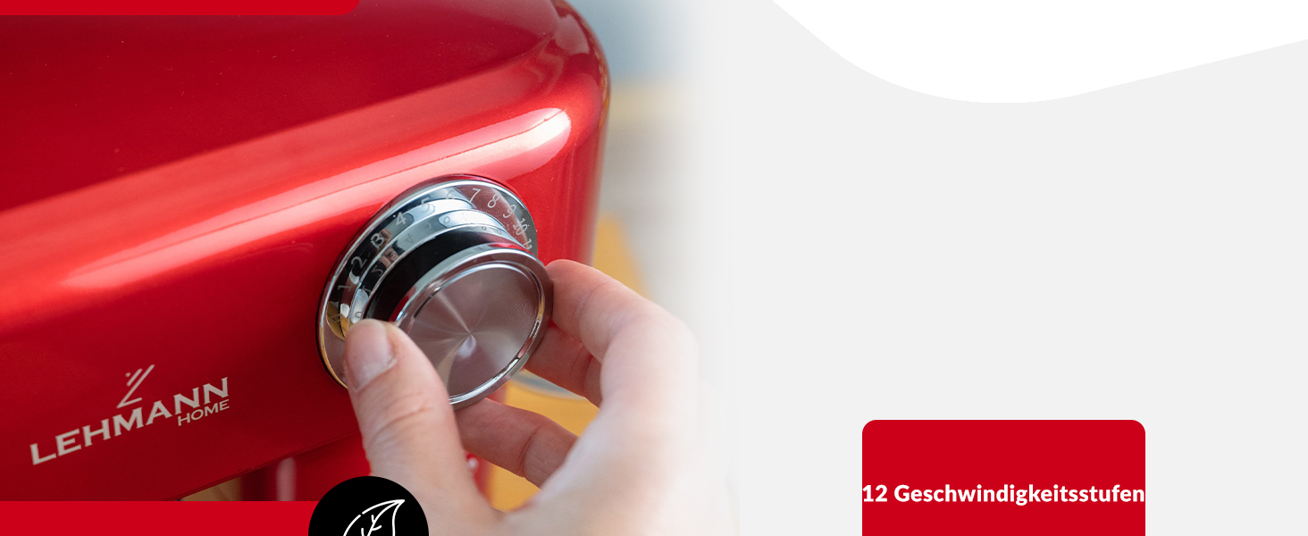 Кухонна машина LEHMANN 1500W з набором аксесуарів, планетарний міксер з чашею 5л, 12 швидкостей, захист від перегріву, червоний