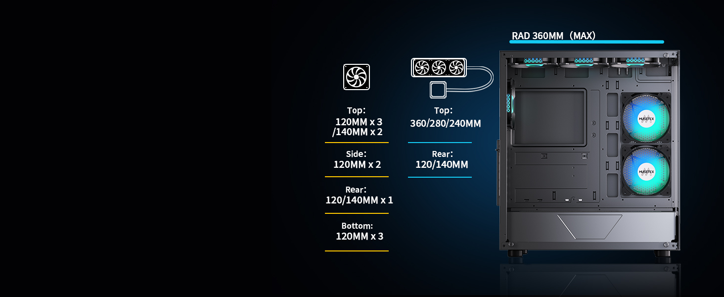 Корпус ПК MUSETEX K2: ATX Mid Tower з 7 PWM ARGB-вентиляторами, подвійне панорамне скло, Type-C, чорний (42.1 x 23 x 47 см)