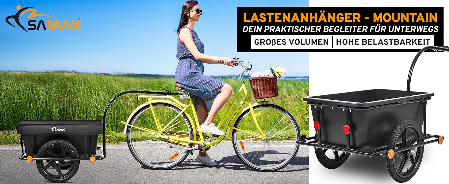 Причіп для велосипеда SAMAX 70 літрів / 60 кг - вантажний причіп з пластиковою ванною, чорний (90л / 80кг, для гірських велосипедів)