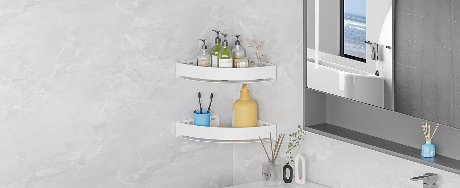 Поличка для душу без свердління, кутова, з нержавіючої сталі, з алюмінію - 2 шт., самоклеюча, для ванної кімнати, 8 кг на полицю, білий