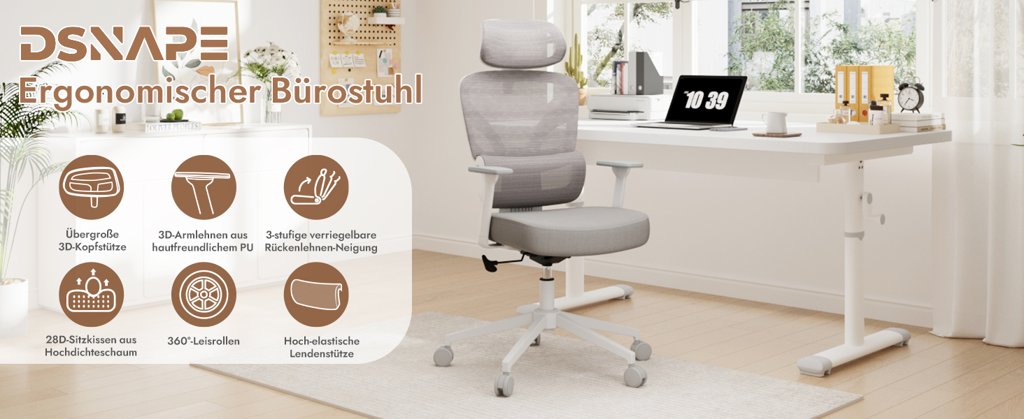 Ергономічне крісло для офісу та геймінгу з регульованою підголівником та 3D підлокітниками, підтримкою попереку, сіре