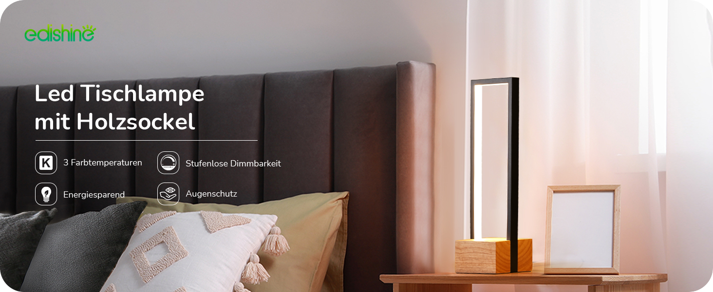 LED настільна лампа EDISHINE з дерева, торкання, регулювання яскравості та функцією пам'яті, 3 колірні температури, 350 люмен, сучасна лампа для вітальні, офісу, подарунок, чорний сучасний стиль