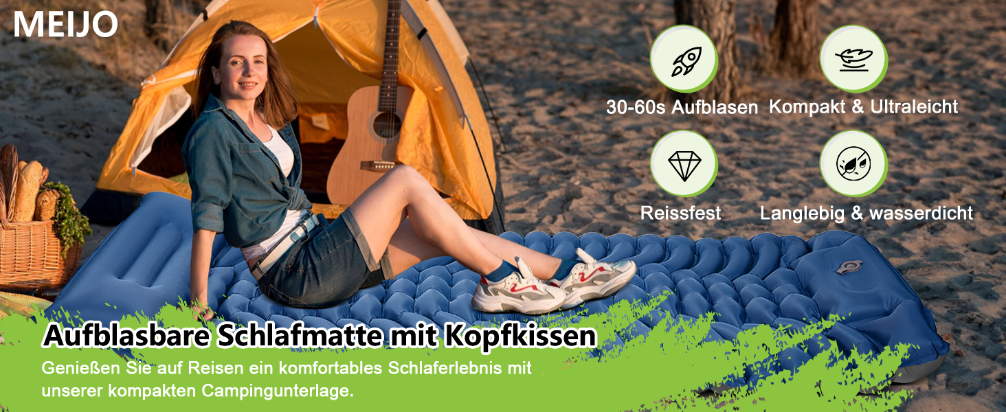 MEIJO Саморозгортальний килимок для кемпінгу, ізомат, туристичний килимок, самонадувна повітряна матрац для відпочинку на природі, похідів, кемпінгу, пляжу, блакитний & сірий