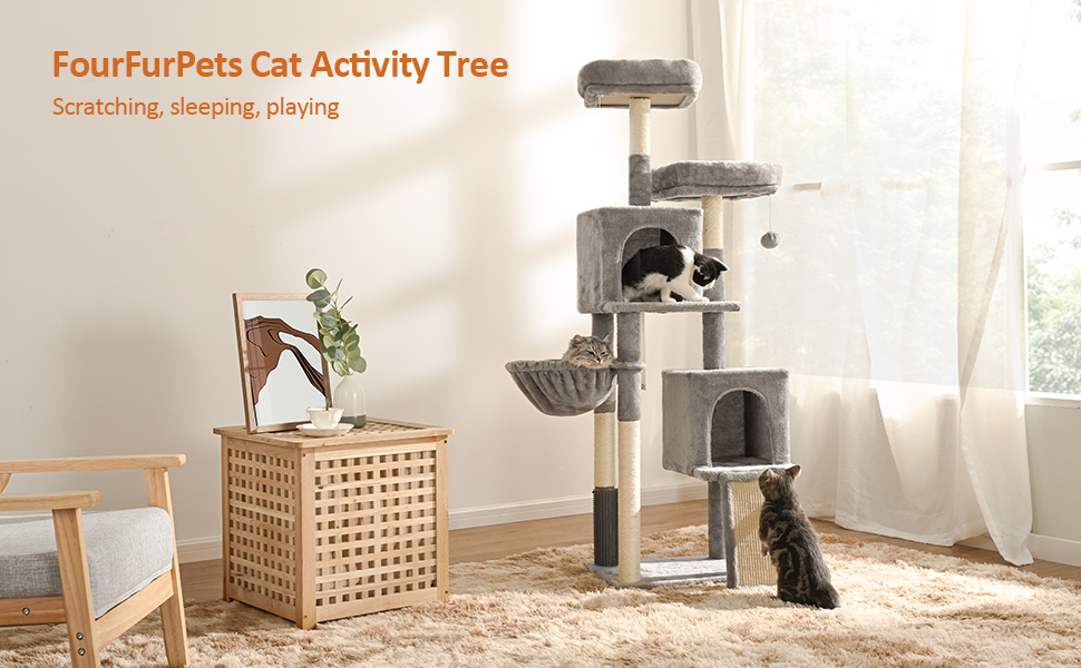 Кігтеточка для котів FourFurPets 156 см з драбиною з сизалю, 2 платформи, 2 печери, гамак, м'ячики (світло-сірий)
