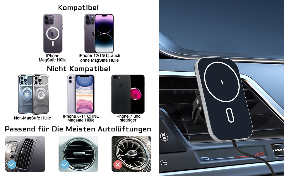 Автомобільний зарядний пристрій MagSafe 15W: бездротова підставка-тримач для iPhone 16/15/14/13/12 Pro Max