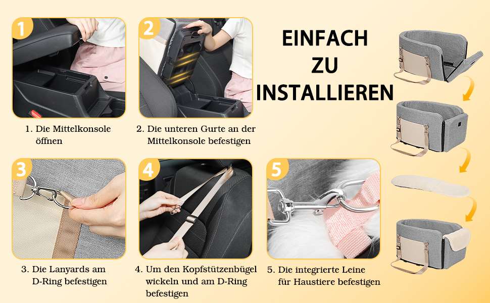 Автокрісло для собак VavoPaw: зручне ліжко для маленьких собак та котів (до 5.5 кг), сіре, універсальна консоль