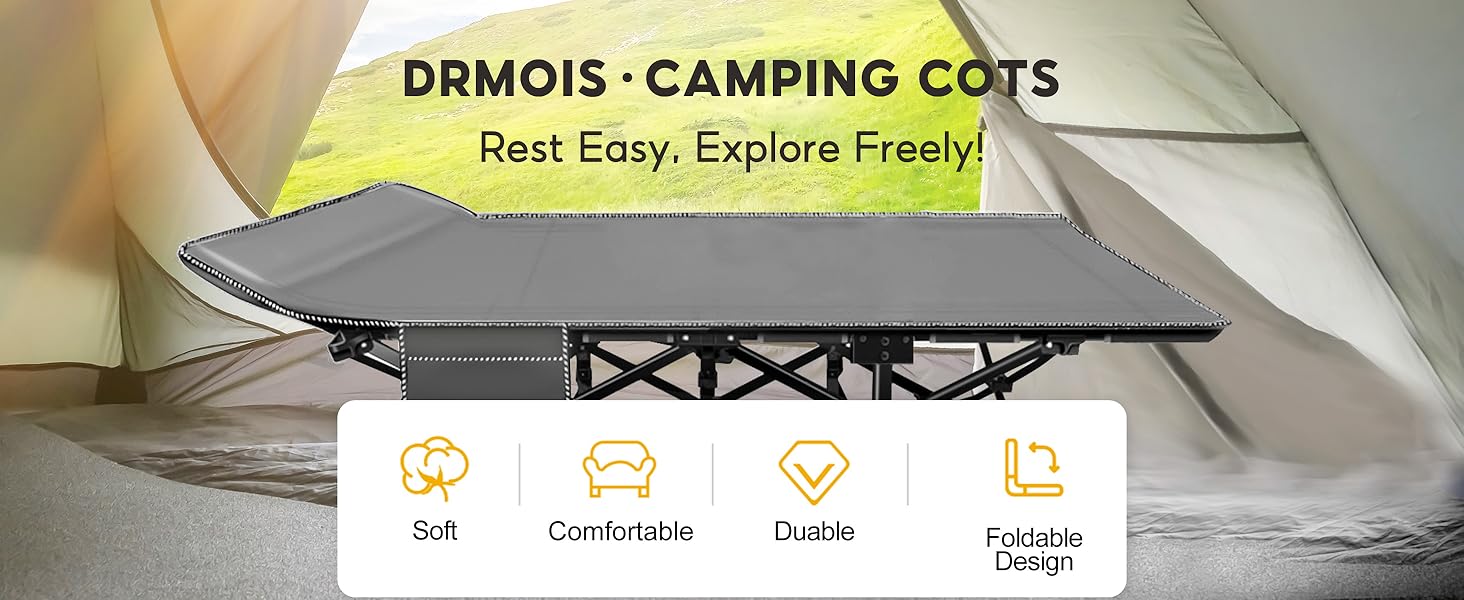 Розкладне ліжко для кемпінгу DRMOIS: велике (XXL), 81 см, вантажопідйомність 400 кг, з ізольованим килимком, сіре