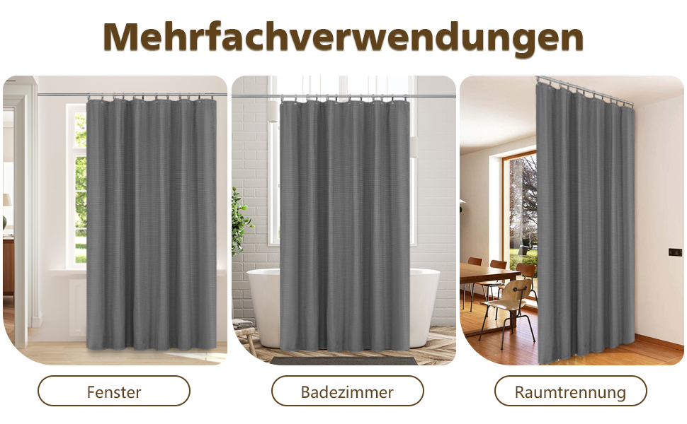 Штора для душу миюча текстильна поліестер 180x200 см, сіра, з кільцями (12 шт.) - Водонепроникна штора у ванну